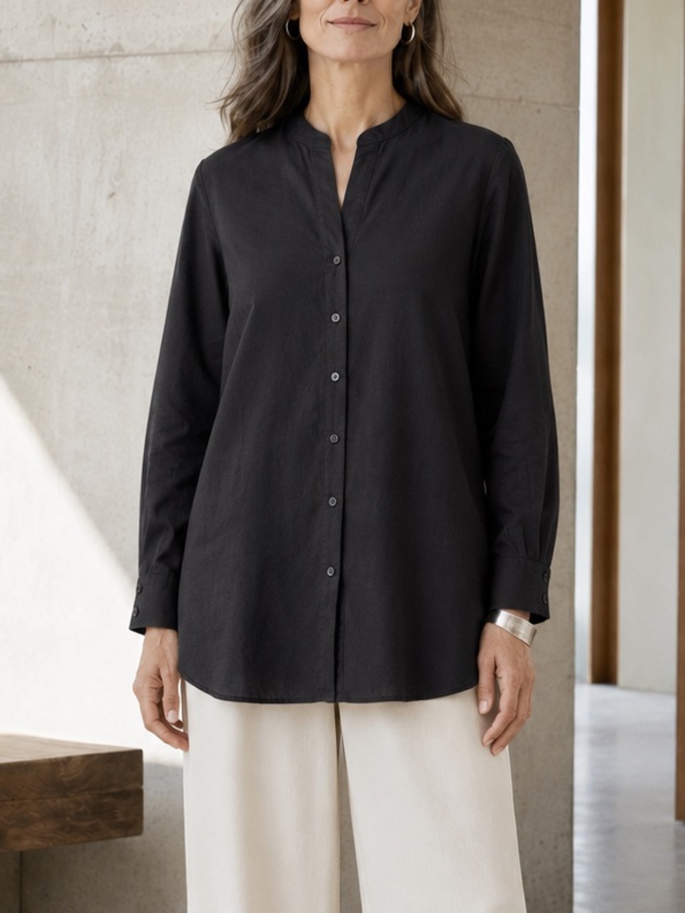 Eileen Fisher Sandwashed Tencel Stand Collar Long Tunic Shirt Black Minimalist